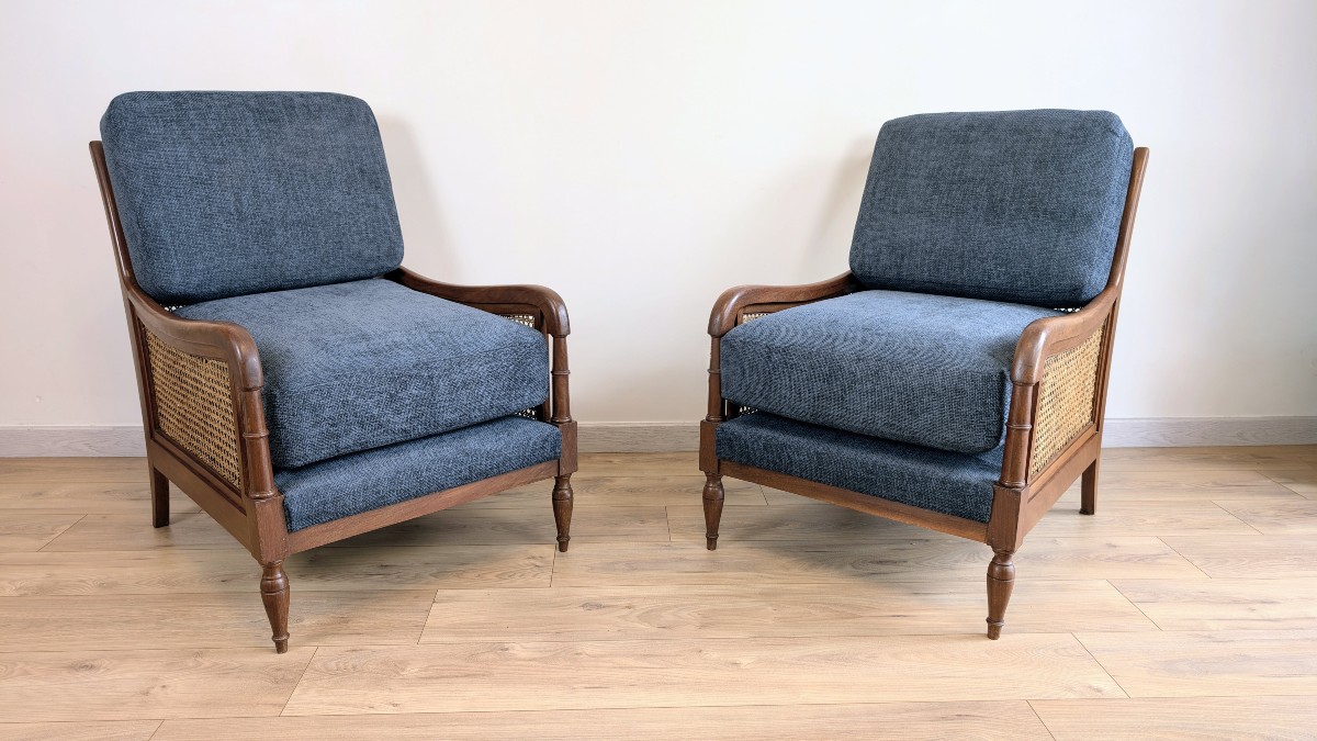 Pair Of Solid Wood Cane Armchairs – Art Deco And 1950s Transitional Style