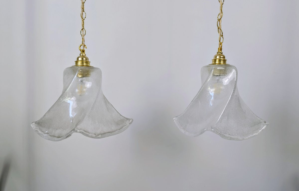 Élégant duo de suspensions en verre granité et laiton-photo-2