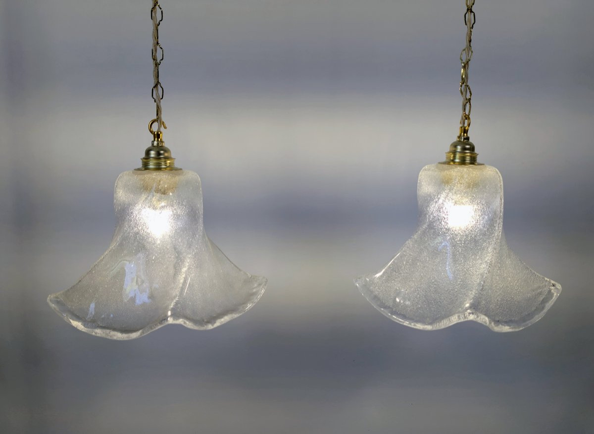 Élégant duo de suspensions en verre granité et laiton-photo-2