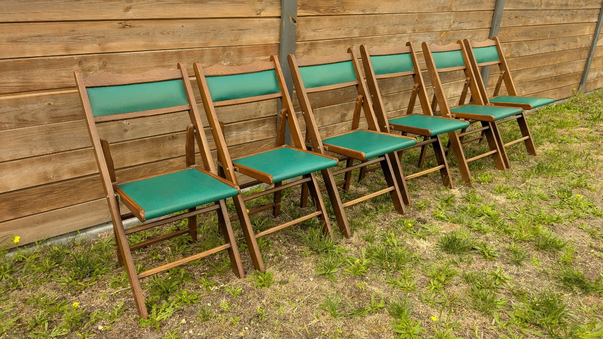 Set Of 6 Shanghai Folding Chairs, Wood And Green Vinyl, 20th Century-photo-2
