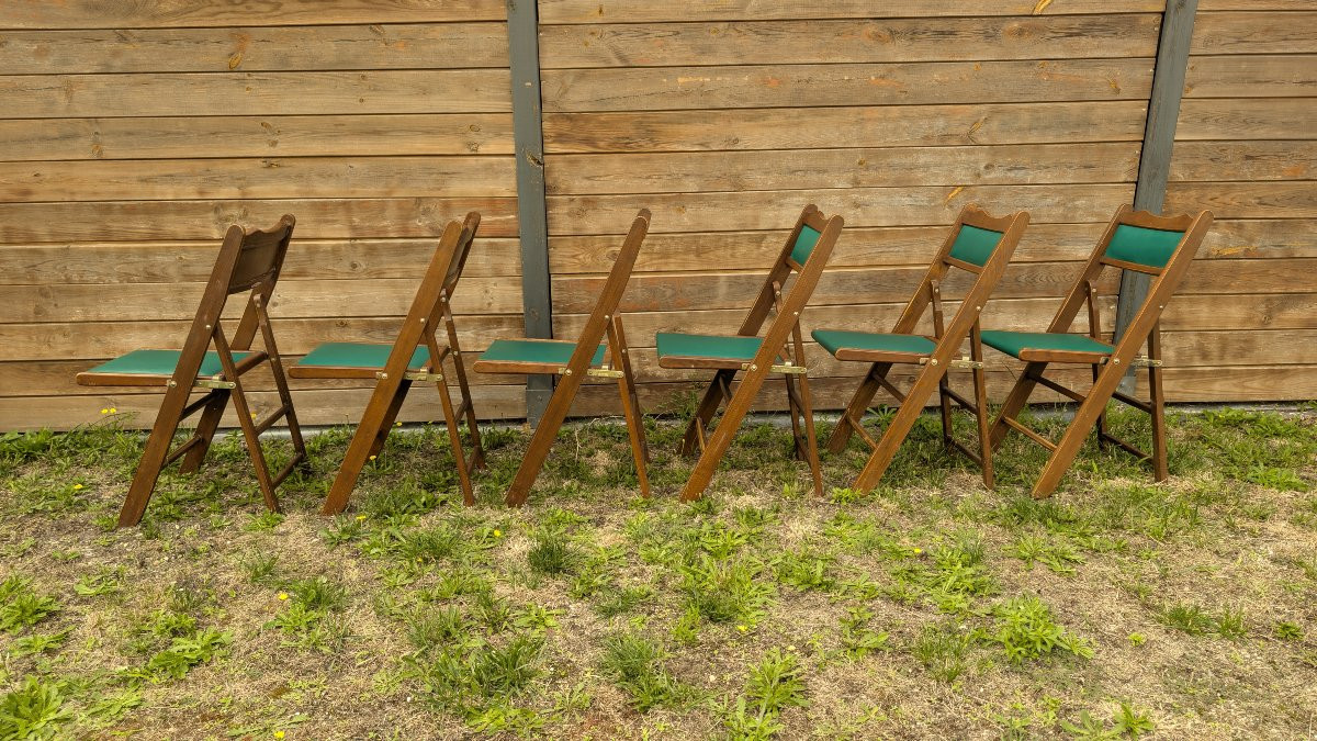 Set Of 6 Shanghai Folding Chairs, Wood And Green Vinyl, 20th Century-photo-4