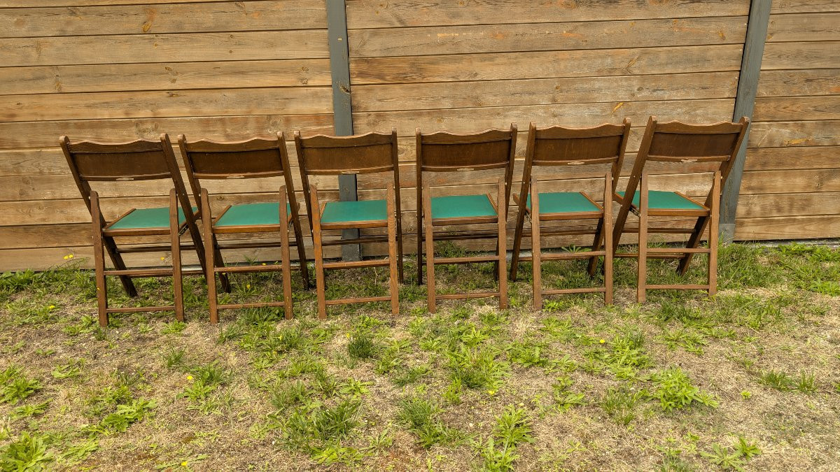 Set Of 6 Shanghai Folding Chairs, Wood And Green Vinyl, 20th Century-photo-1