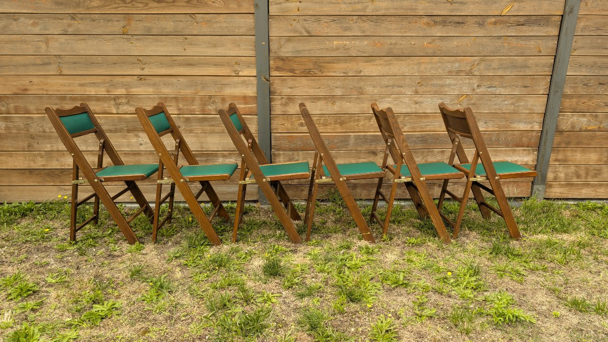 Set Of 6 Shanghai Folding Chairs, Wood And Green Vinyl, 20th Century-photo-2