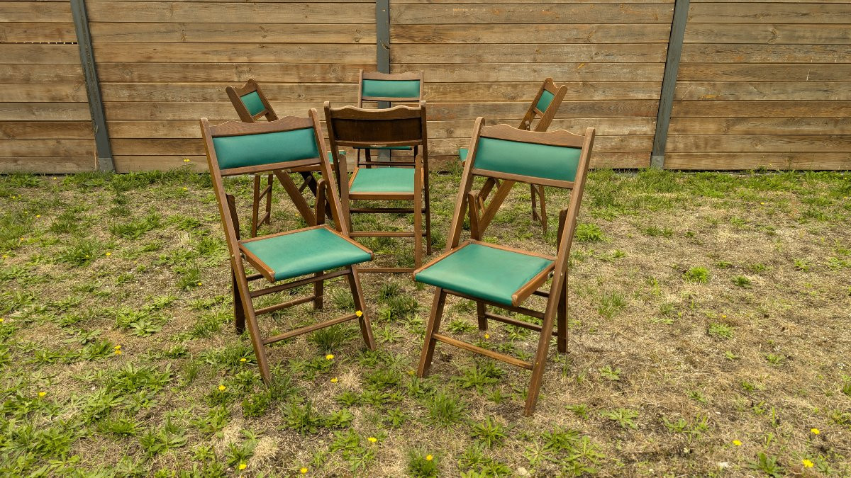 Set Of 6 Shanghai Folding Chairs, Wood And Green Vinyl, 20th Century-photo-3