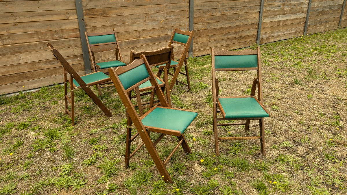 Set Of 6 Shanghai Folding Chairs, Wood And Green Vinyl, 20th Century-photo-4
