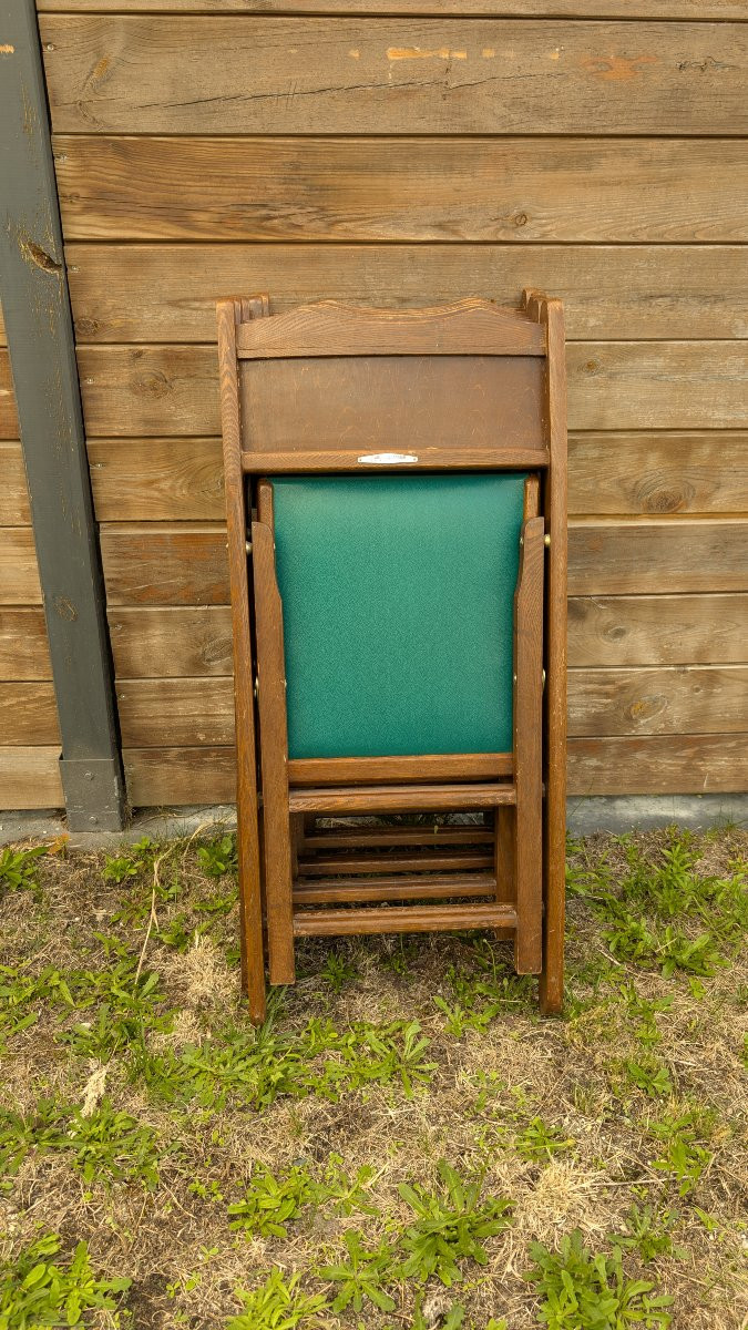 Set Of 6 Shanghai Folding Chairs, Wood And Green Vinyl, 20th Century-photo-6