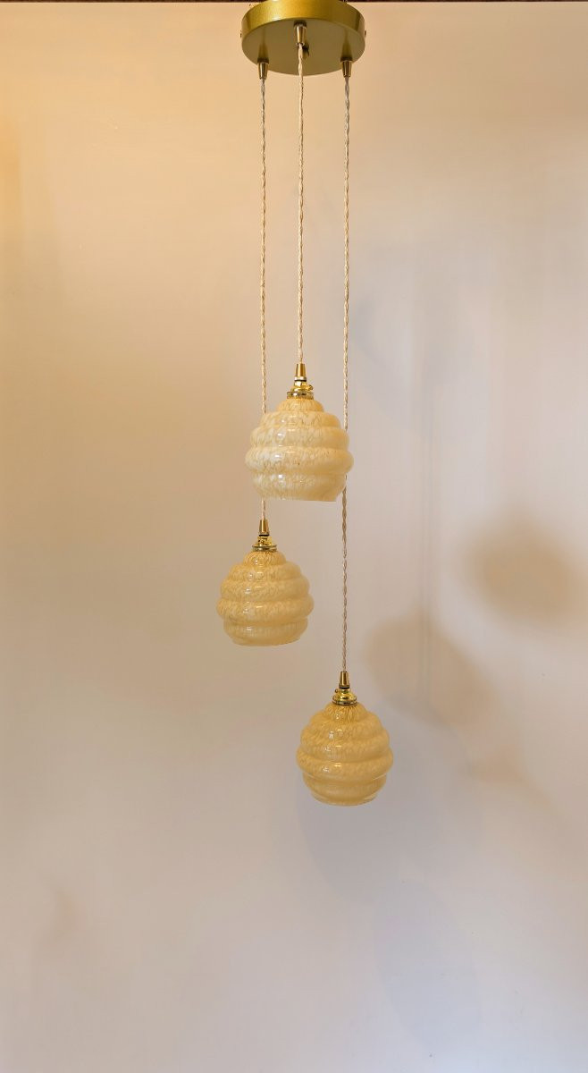 Lustre suspension triple en verre de Clichy jaune -photo-2