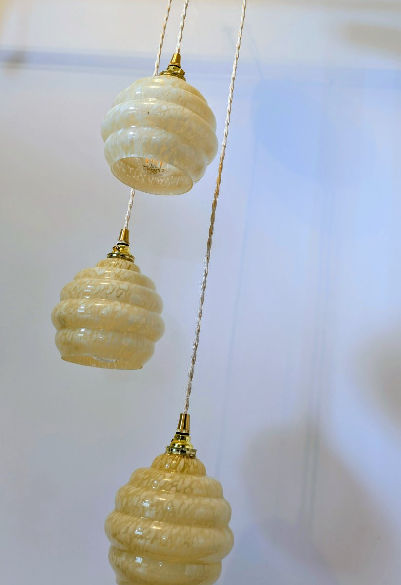 Lustre suspension triple en verre de Clichy jaune -photo-4