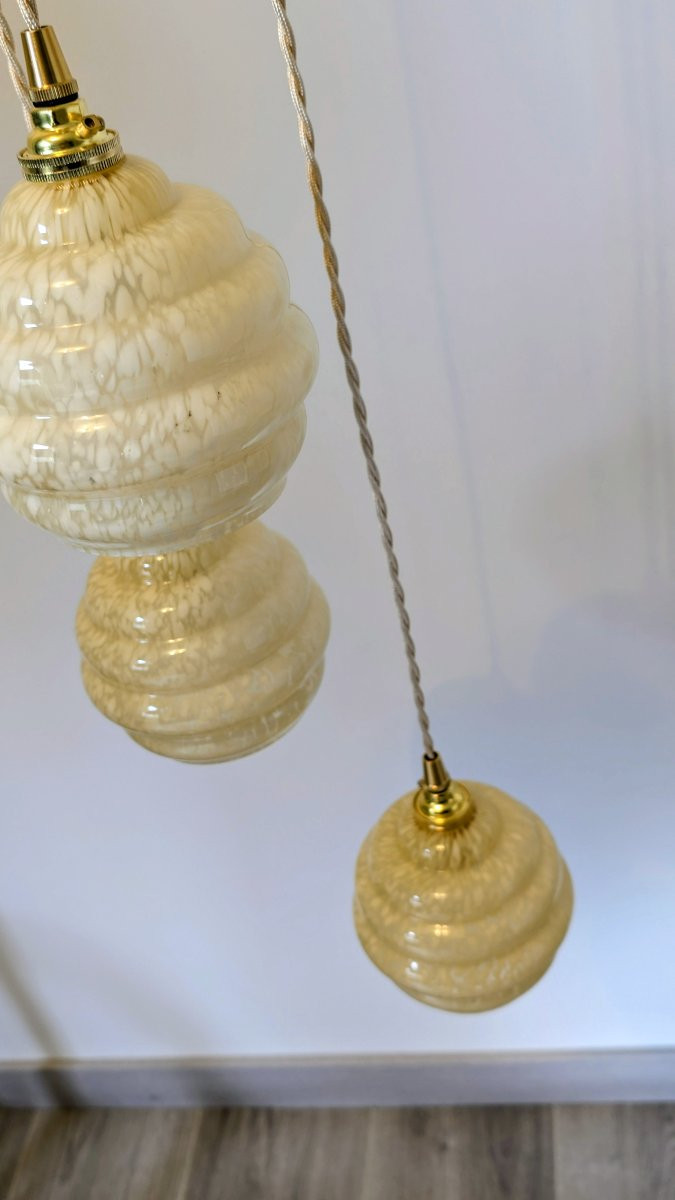 Lustre suspension triple en verre de Clichy jaune -photo-1