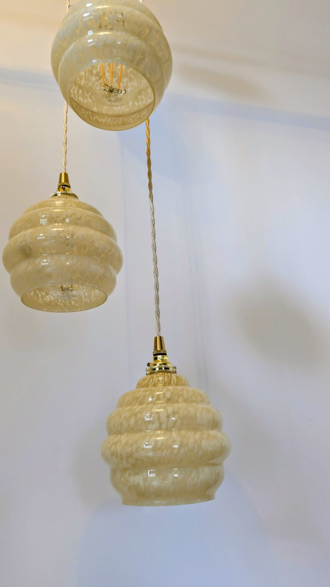 Lustre suspension triple en verre de Clichy jaune -photo-2