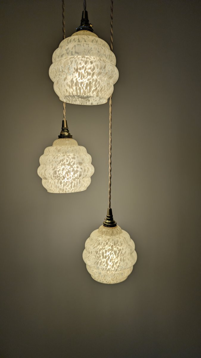 Lustre suspension triple en verre de Clichy jaune -photo-3