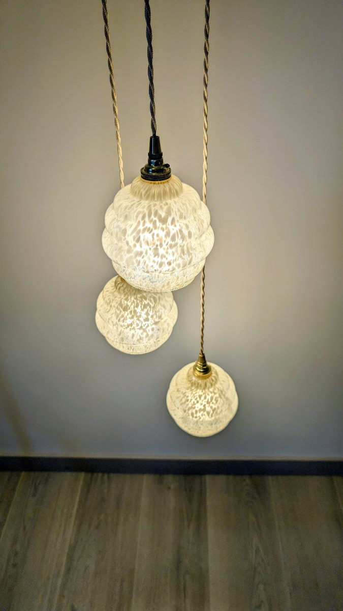 Lustre suspension triple en verre de Clichy jaune -photo-4