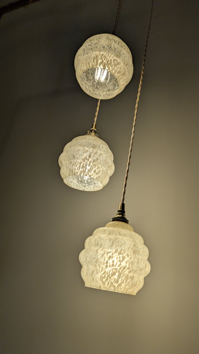Lustre suspension triple en verre de Clichy jaune -photo-6