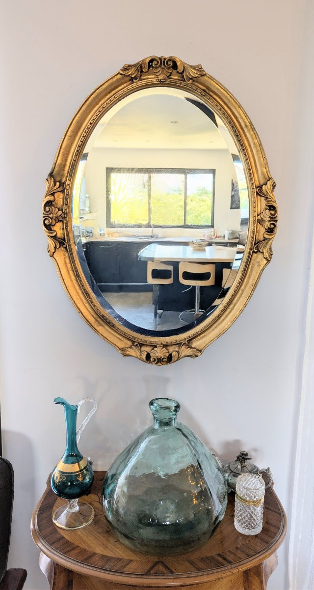 Miroir doré ovale – style milieu XXᵉ, glace biseautée 82 x 64-photo-2