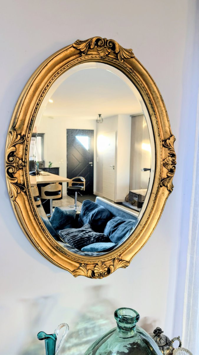 Miroir doré ovale – style milieu XXᵉ, glace biseautée 82 x 64-photo-4