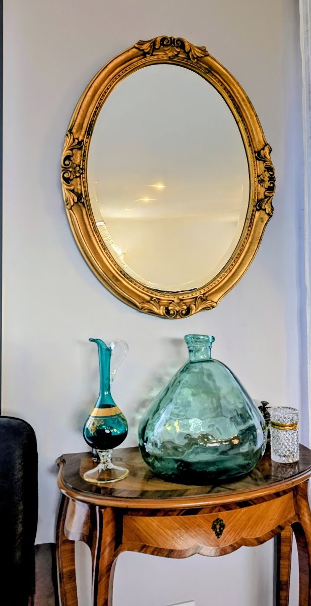 Miroir doré ovale – style milieu XXᵉ, glace biseautée 82 x 64-photo-4