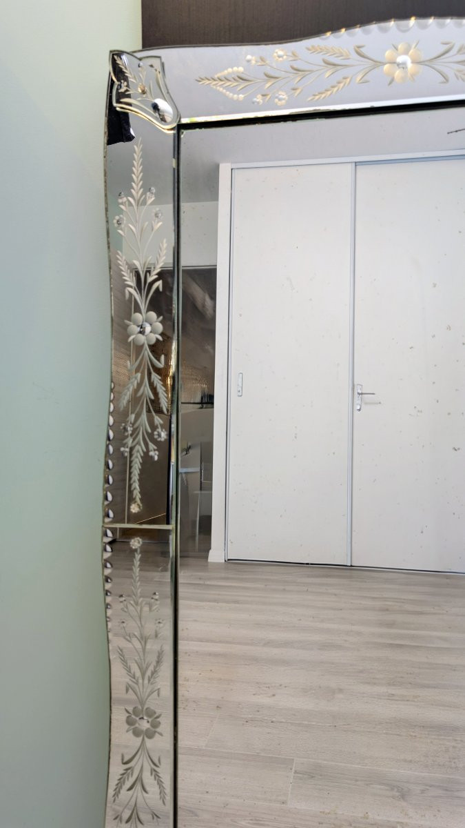 Miroir vénitien années 1930 – fleurs en verre de Murano – 123 x 75 cm-photo-2