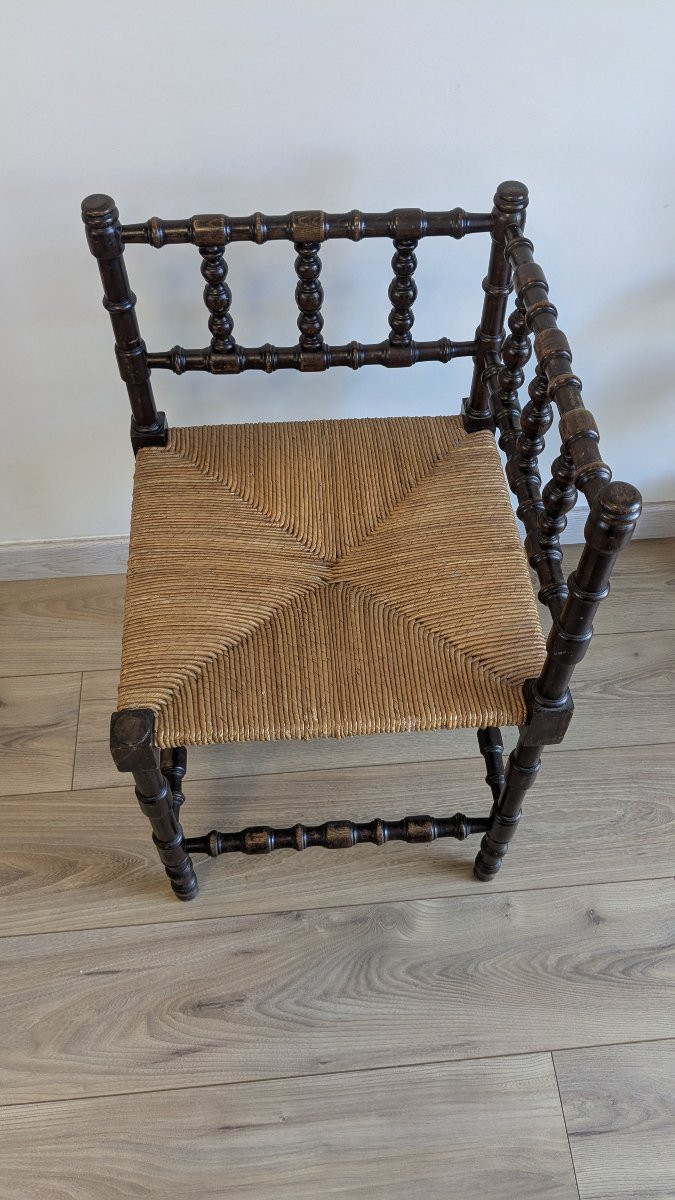 Chaise d’angle ancienne en bois tourné et assise paillée-photo-4