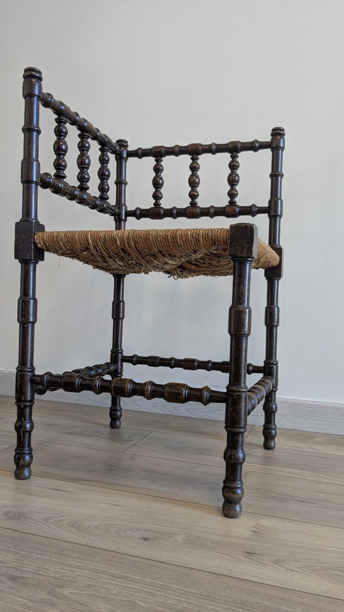 Chaise d’angle ancienne en bois tourné et assise paillée-photo-6