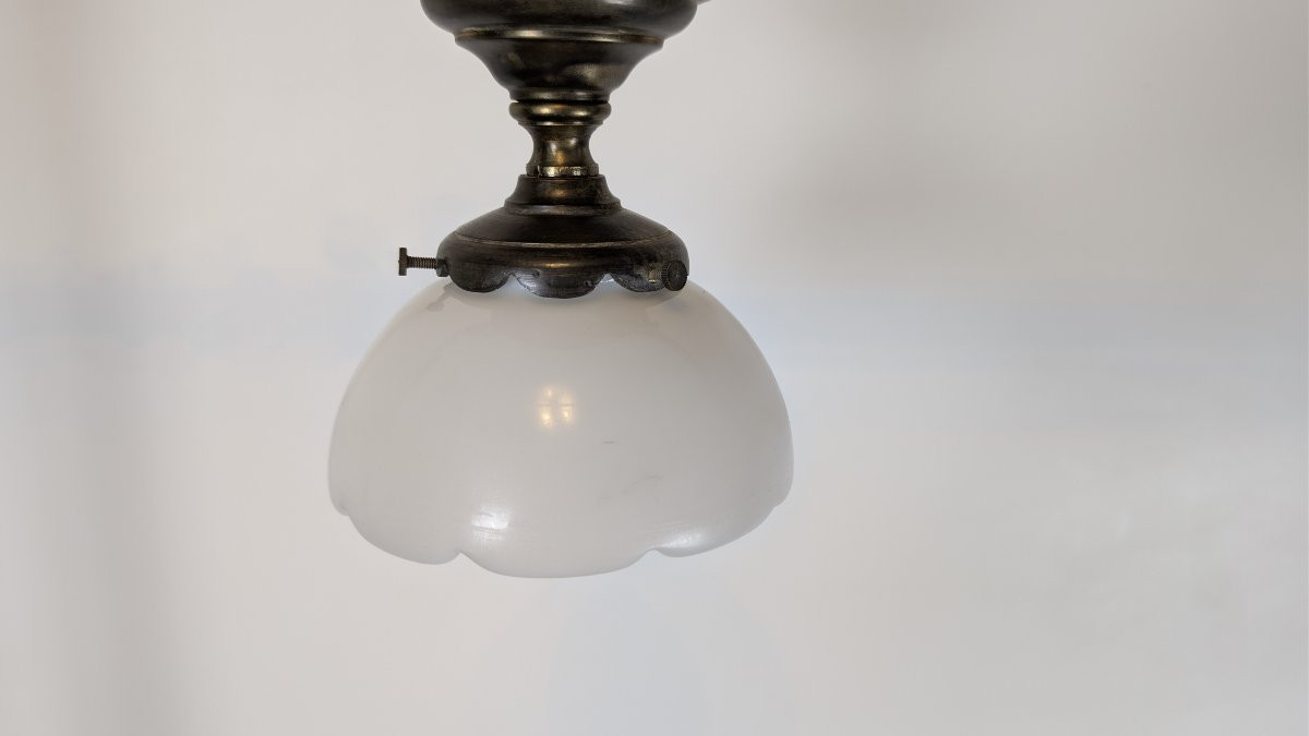 Art Deco Period Ceiling Light In Patinated Brass And Opaline Glass-photo-2