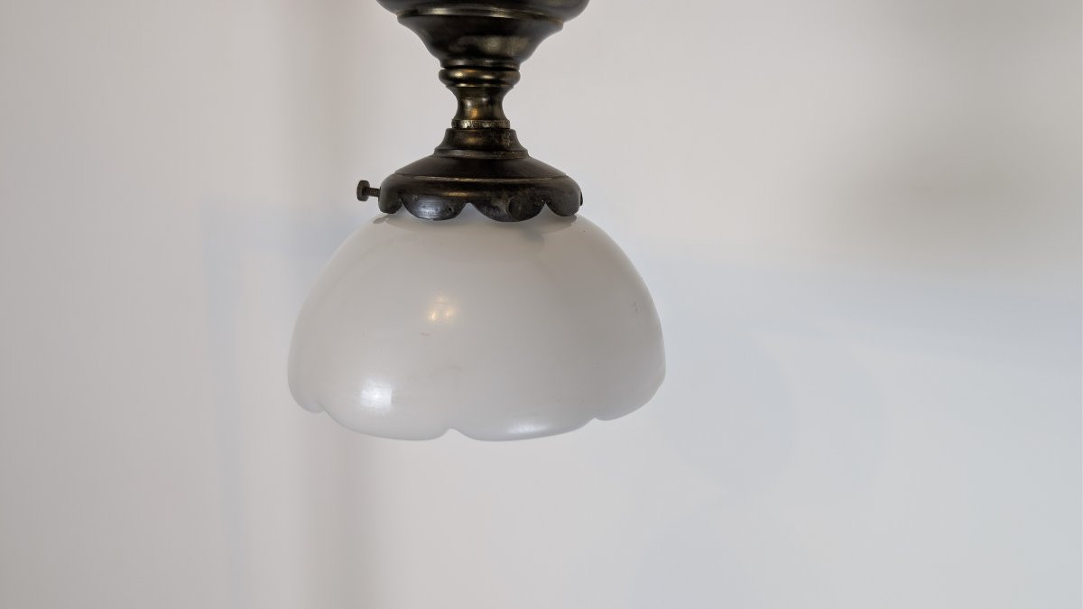 Art Deco Period Ceiling Light In Patinated Brass And Opaline Glass-photo-1