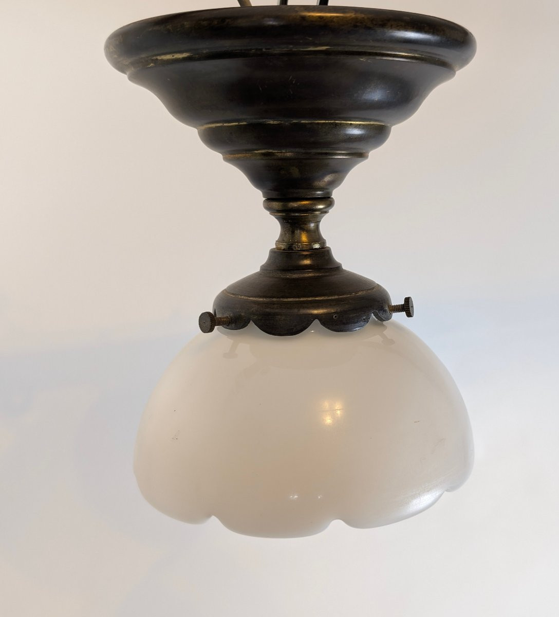 Art Deco Period Ceiling Light In Patinated Brass And Opaline Glass-photo-2