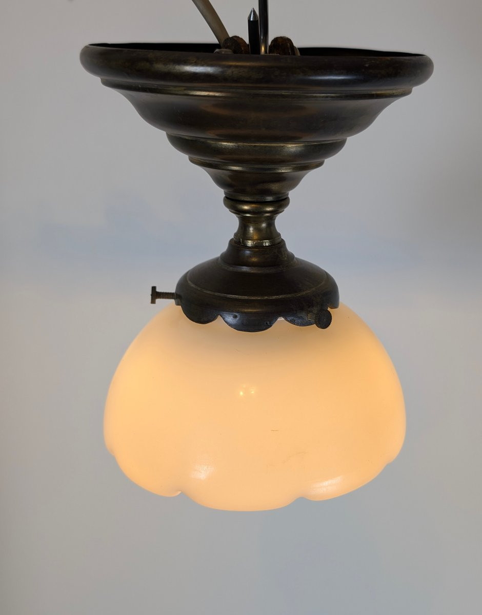 Art Deco Period Ceiling Light In Patinated Brass And Opaline Glass-photo-7