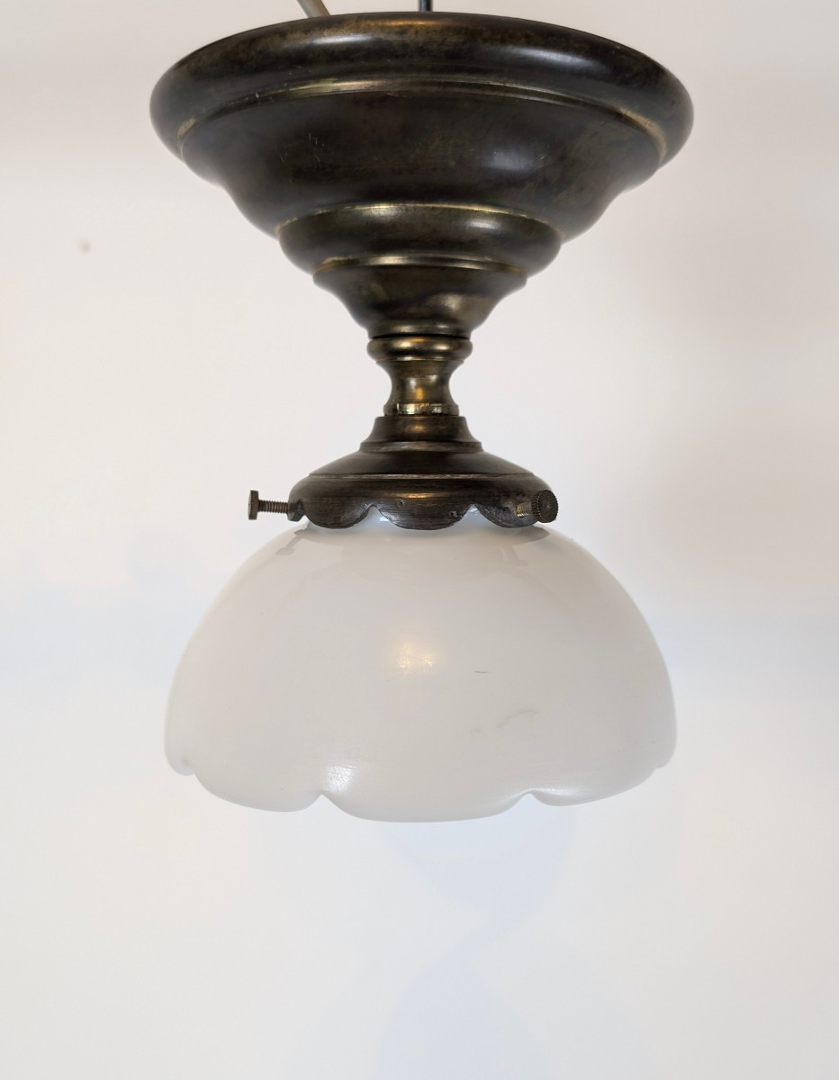 Art Deco Period Ceiling Light In Patinated Brass And Opaline Glass