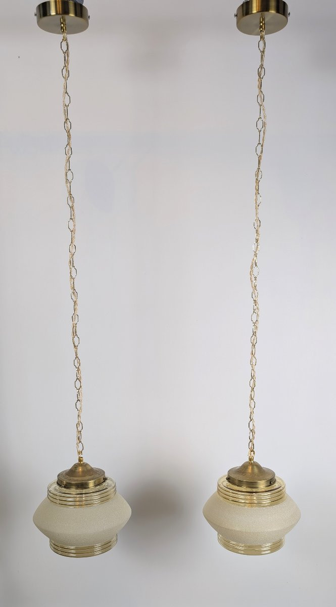 Paire de suspensions Art déco françaises – Abat-jour d’époque années 1930-photo-2