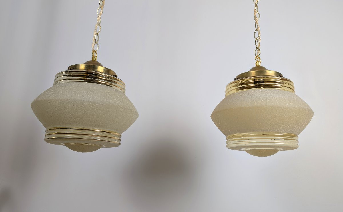 Paire de suspensions Art déco françaises – Abat-jour d’époque années 1930-photo-4