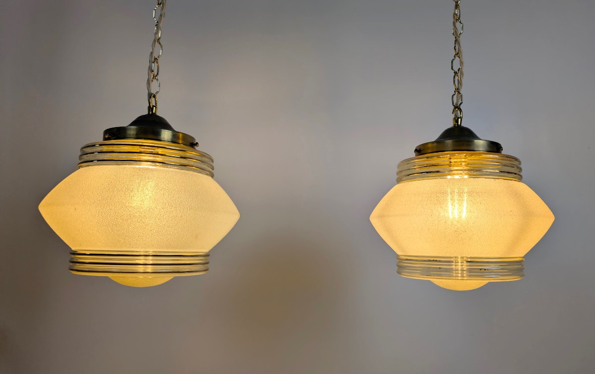 Paire de suspensions Art déco françaises – Abat-jour d’époque années 1930-photo-6