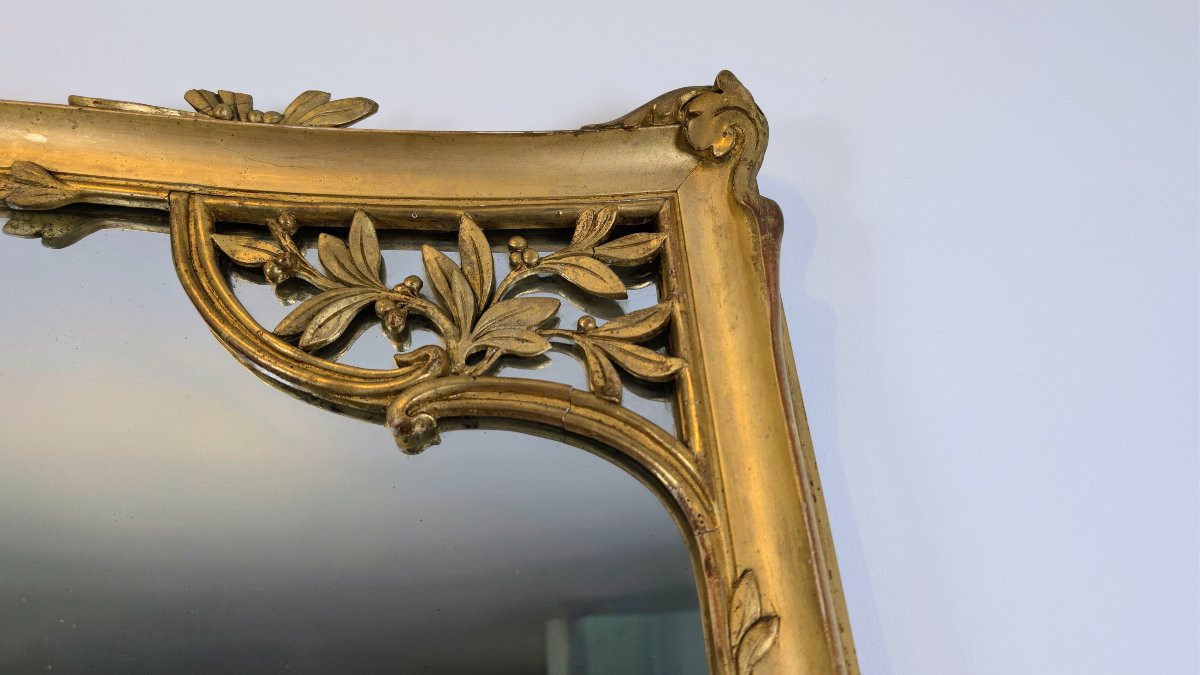 Early 20th Century Art Nouveau Carved And Gilded Wood Mirror - 90 X 128 Cm - Floral Decoration -photo-3