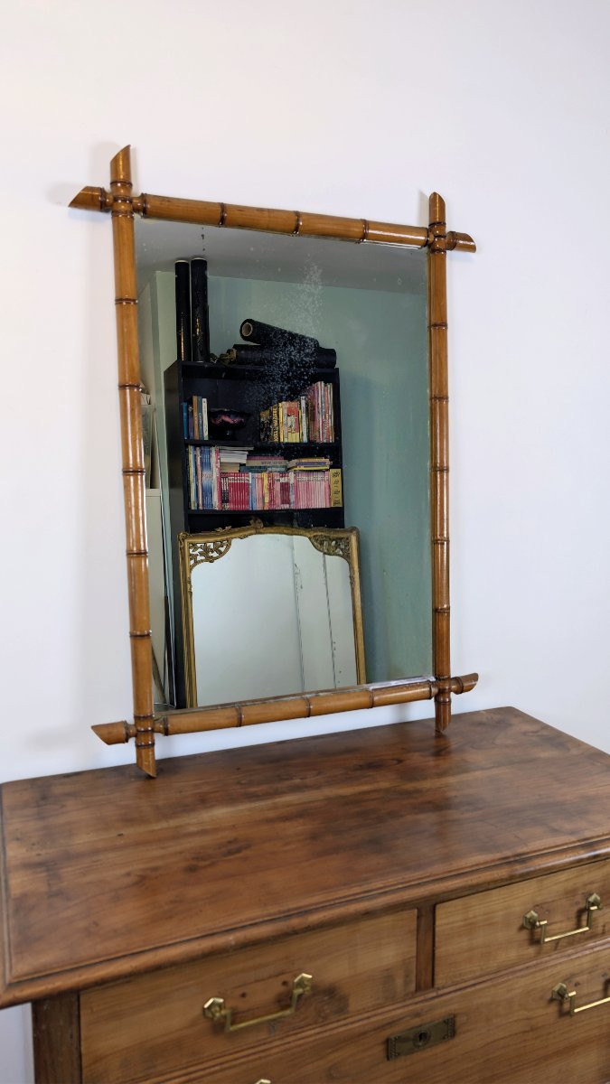 Important miroir en bois sculpté imitation bambou, XXe siècle - 102 x 75 cm-photo-3