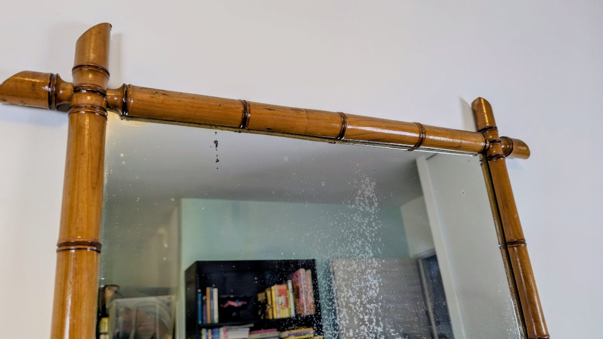 Important miroir en bois sculpté imitation bambou, XXe siècle - 102 x 75 cm-photo-4