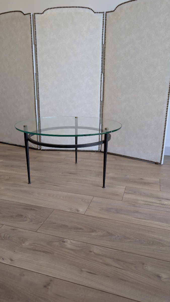 Table basse moderniste attribuée à Roger Le Bihan, design français en verre et métal-photo-2