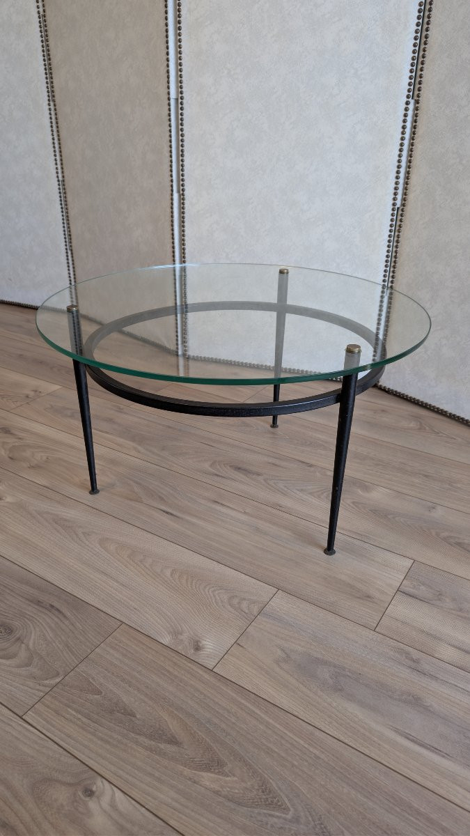 Table basse moderniste attribuée à Roger Le Bihan, design français en verre et métal-photo-3