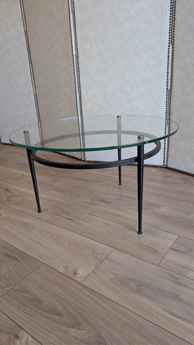 Table basse moderniste attribuée à Roger Le Bihan, design français en verre et métal-photo-1