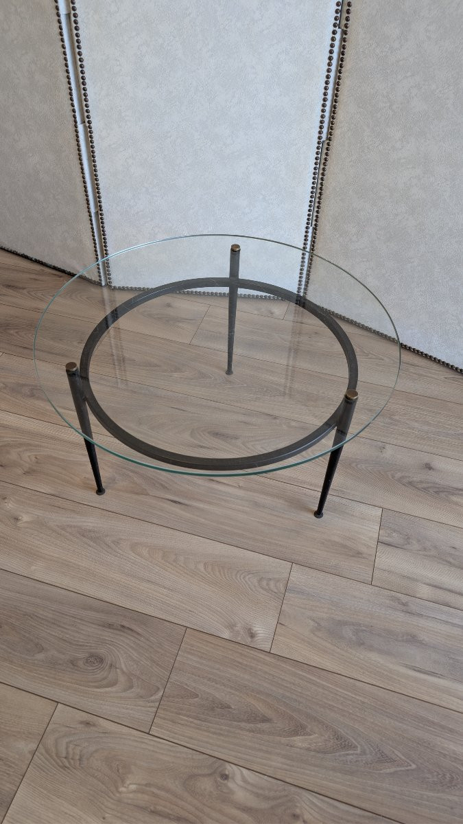 Table basse moderniste attribuée à Roger Le Bihan, design français en verre et métal-photo-2