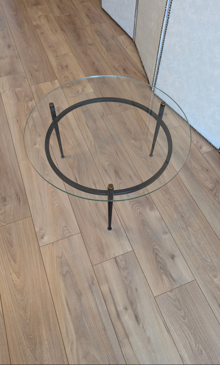 Table basse moderniste attribuée à Roger Le Bihan, design français en verre et métal-photo-3