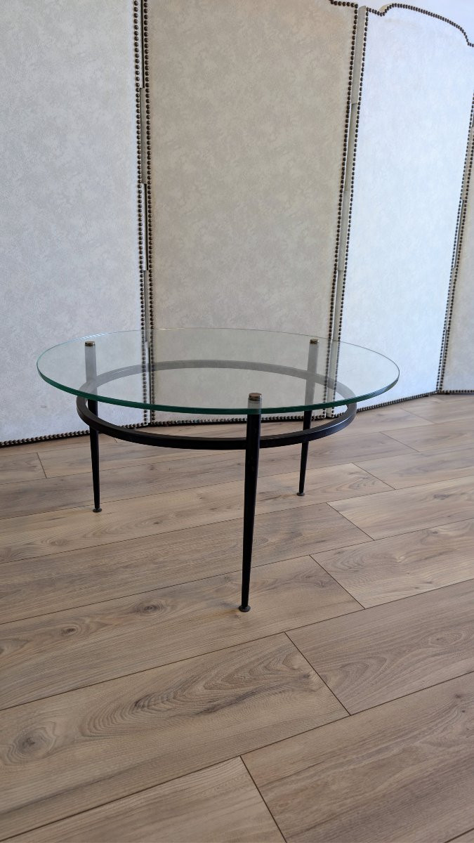 Table basse moderniste attribuée à Roger Le Bihan, design français en verre et métal-photo-5