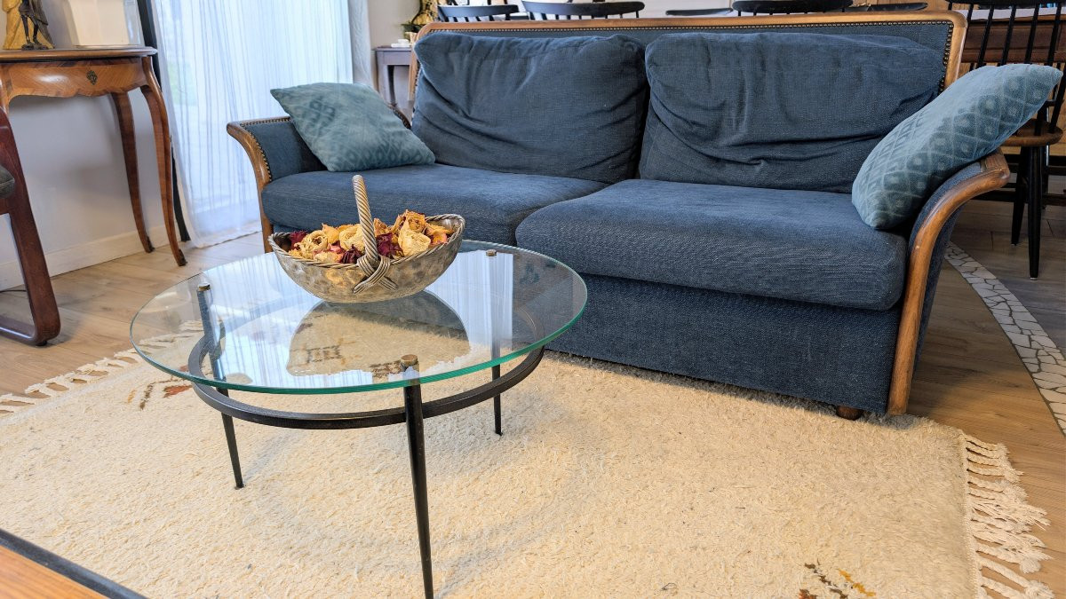Table basse moderniste attribuée à Roger Le Bihan, design français en verre et métal-photo-6