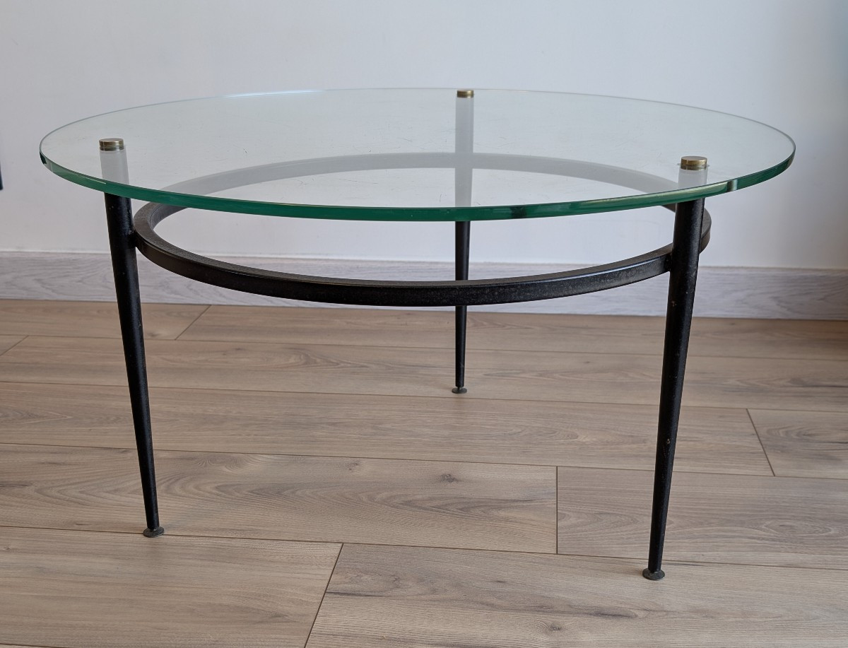 Table basse moderniste attribuée à Roger Le Bihan, design français en verre et métal