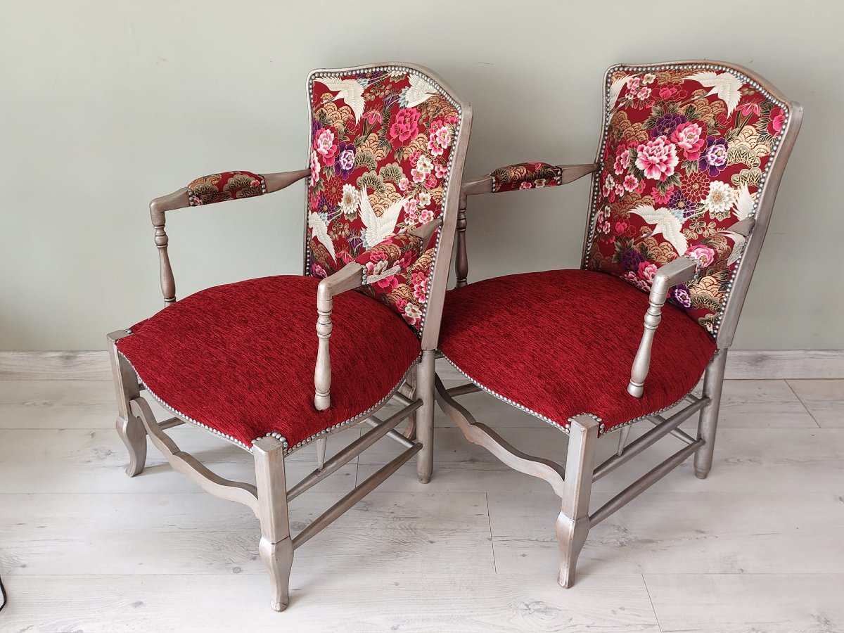 Pair Of Louis XV Style Cabriolet Armchairs, Japonisme Style-photo-3