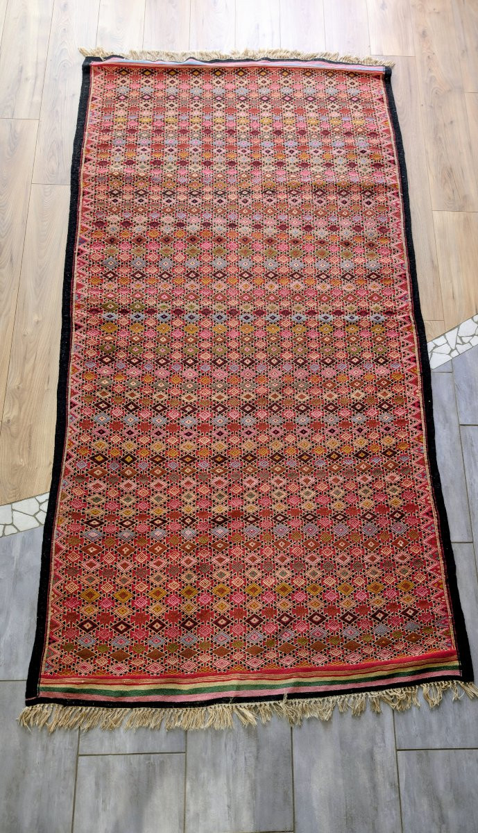 Grand kilim ancien à décor géométrique tribal, ton rouge, 260 x 130 cm-photo-3