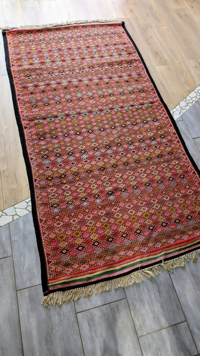 Grand kilim ancien à décor géométrique tribal, ton rouge, 260 x 130 cm-photo-4