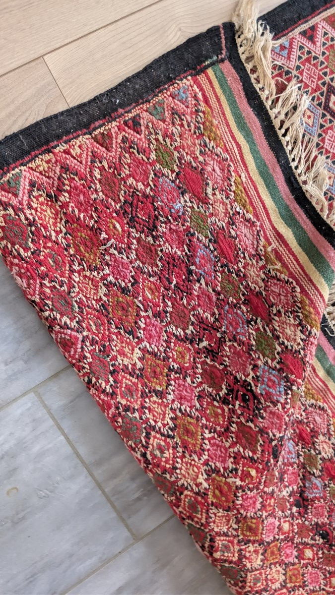Grand kilim ancien à décor géométrique tribal, ton rouge, 260 x 130 cm-photo-4