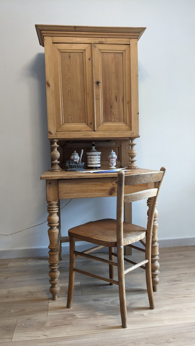 Country-style Desk/secretary In Solid Pine, Antique Rustic Furniture