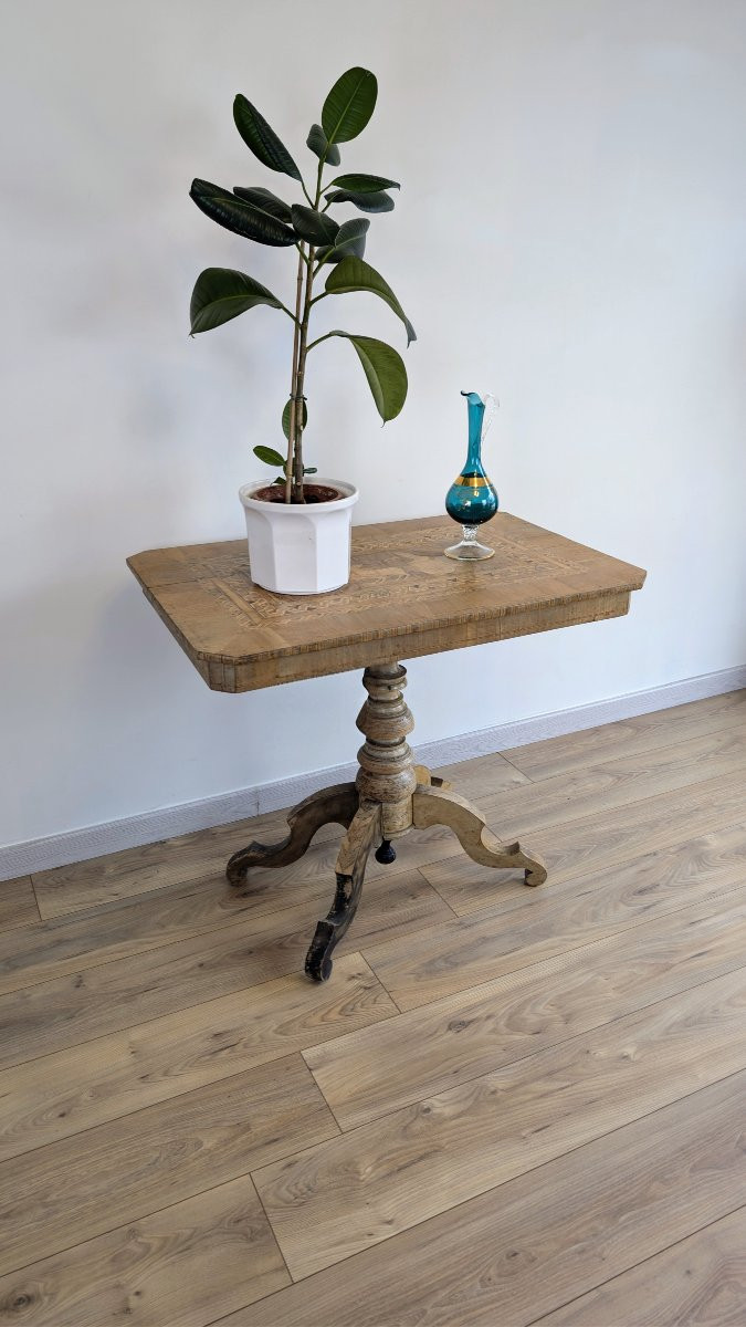 Guéridon italien pliant en marqueterie, décor de scène antique, XIXème-photo-3