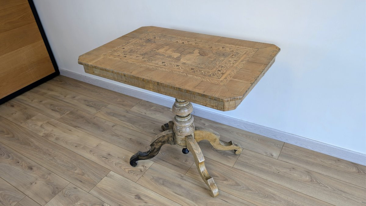 Guéridon italien pliant en marqueterie, décor de scène antique, XIXème-photo-3