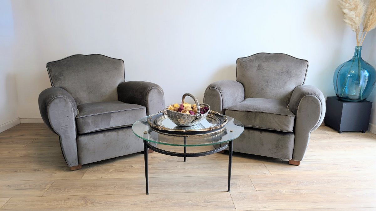 Paire de fauteuils club moustache, velours gris, travail français années 30-photo-2